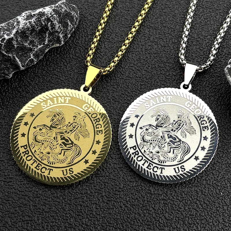 سانت جورج حماية لنا ميدالية قلادة قلادة النساء الرجال الفولاذ المقاوم للصدأ الذهب اللون المسيحية سلسلة تميمة مجوهرات هدية حفلة