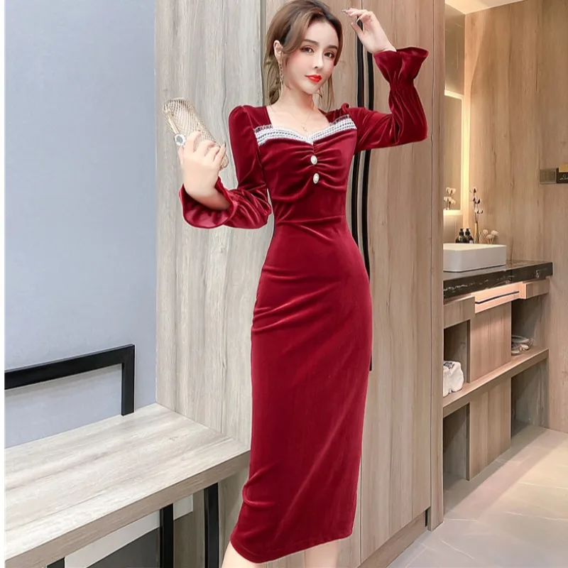 2022 Women Autumn Winter Velvet Dress Lady Long Sleeve Fungus Lace Mesh Yarn Velour Dresses Chic Casual Elegant Party Vestidos