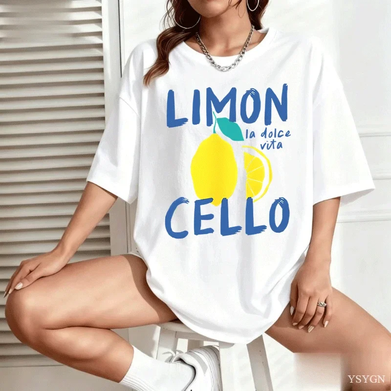 Limoncello La Dolce Vita Hand Drawn Lemon Fruit Graphic T Shirt Italian Quote Womens Tee Summer Holiday Aesthetic Casual Tops