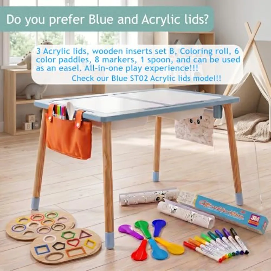 Sensory Table for Toddlers: Wooden Montessori Adjustable Activity Table with Natural Wood Finish, Height-Adjustable Design, 3 B