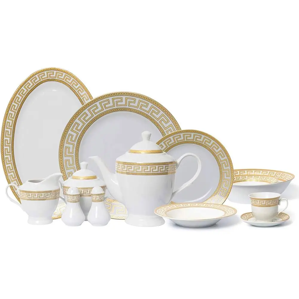 

57-Piece Greek Key Gold Dinnerware Set - High-Quality Bone China for 8