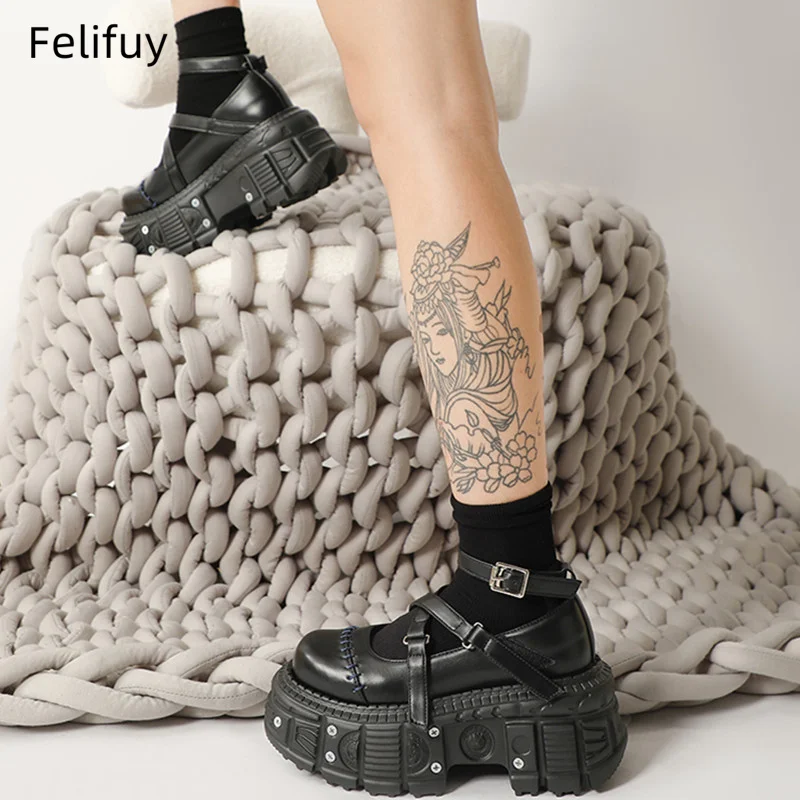 

Black Punk Style Flat Platform Shoes Rivet Buckle Strap Mary Janes Cross Belt Leather Thick Bottom Shoes Women Sandals Summer
