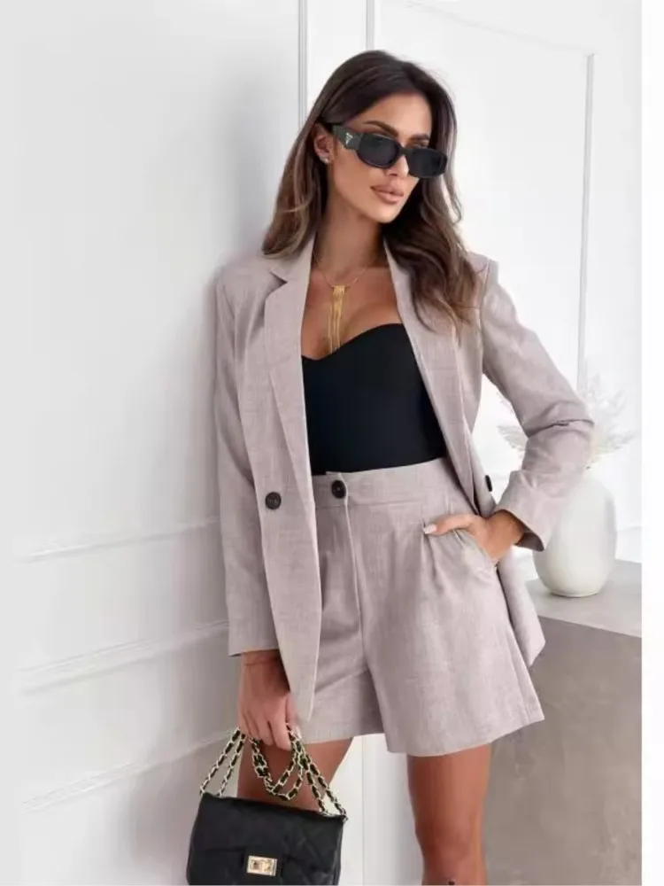 

Spring Autumn Elegant Women's Blazer & Shorts 2 Piece Set Double-Breasted Office Casual Solid Chic Suit Workwear Co-ord Set
