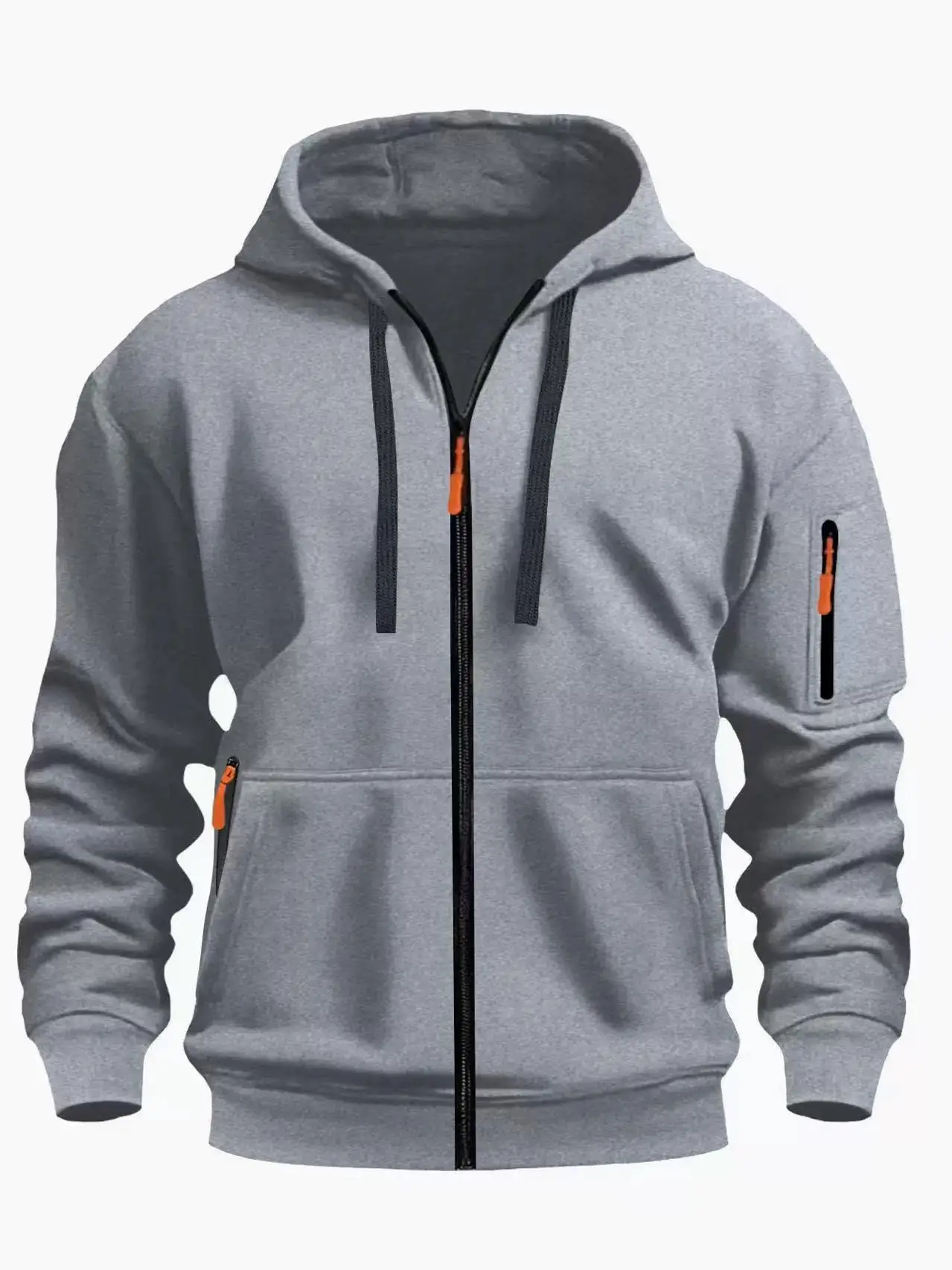 

Men's zipper hoodie jacket with side-seam pockets, solid color, autumn-winter style, sporty casual, fleece lining for warmth