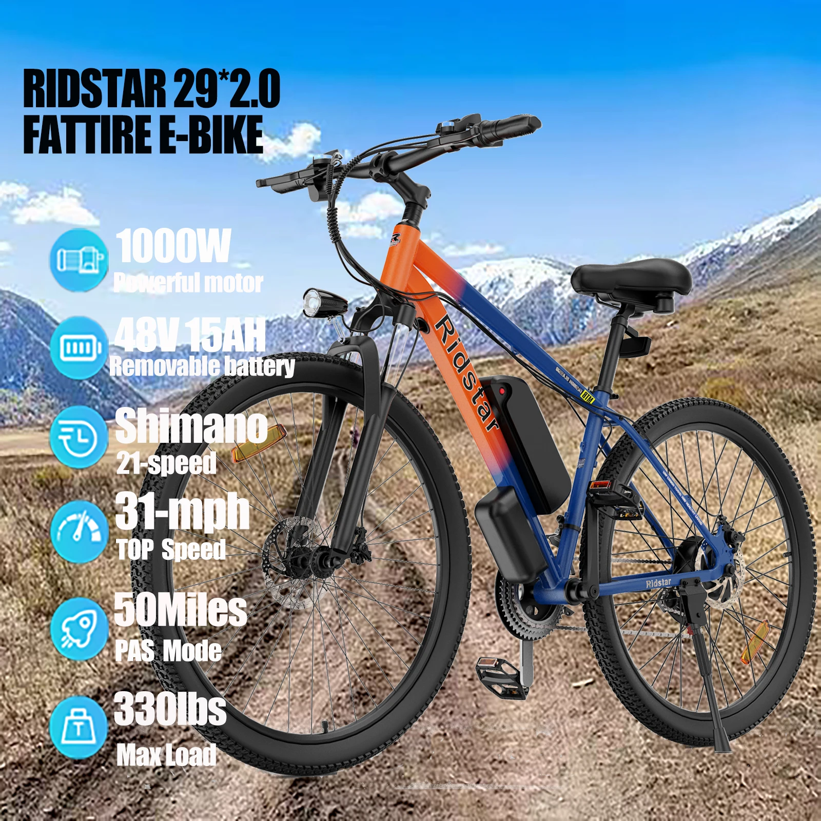 Mountain Electric Bike 1000W Powerful Motor 48V15AH Lithium battery 29-inch Tire City Commuter E-bicycle Beach Travel E-bicycle