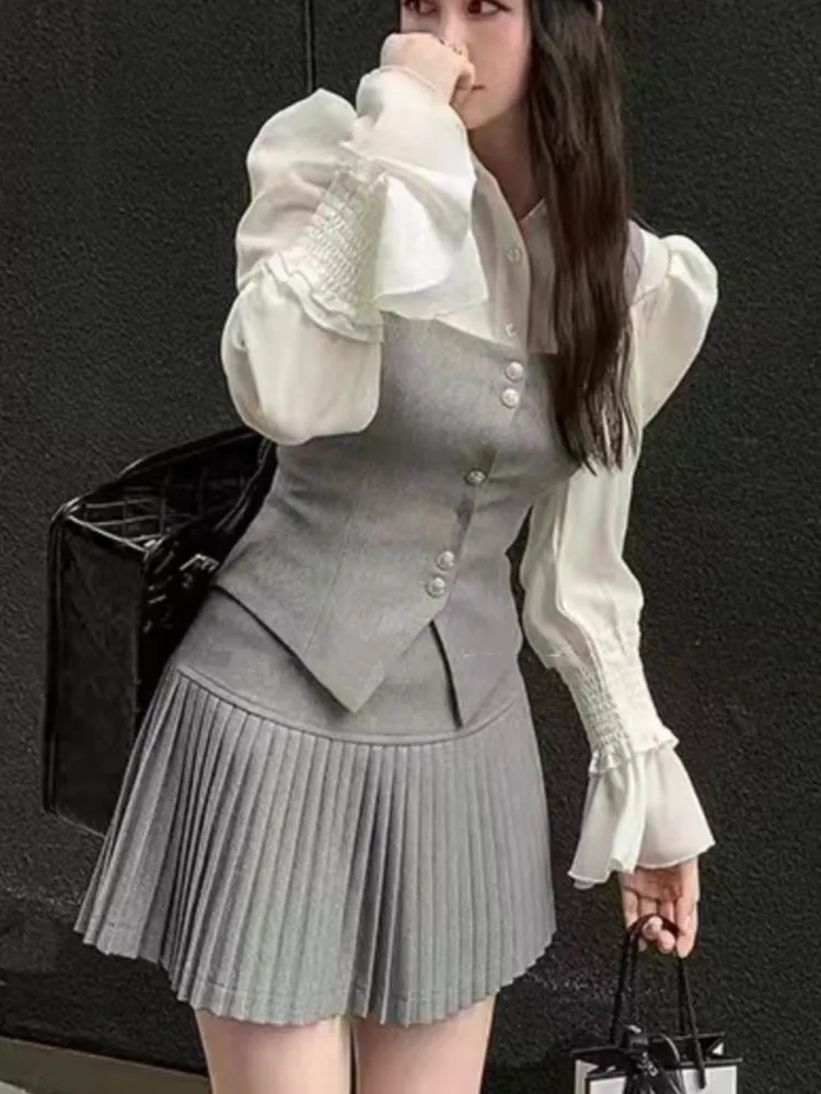 Sweet 3 Piece Set Women Flare Sleeve Shirt Square Collar Vest Pleated Mini Skirt Autumn Spring Solid Y2K Korean Chic Outfits New