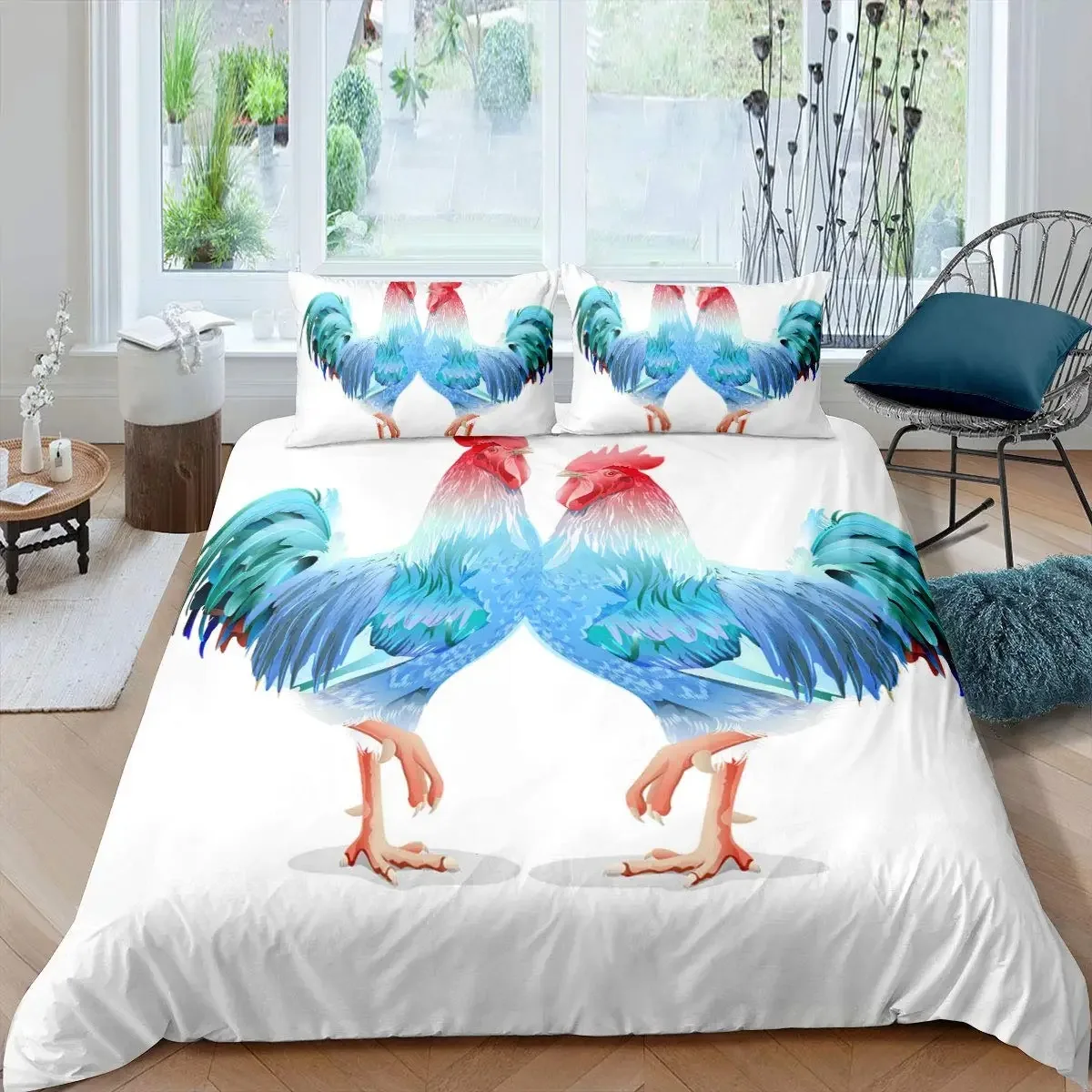 

Rooster Chicken Duvet Cover Set,Rooster and Hen Domestic Farm Animals In Abstract Colors Vintage Country Quilt Cover King Size