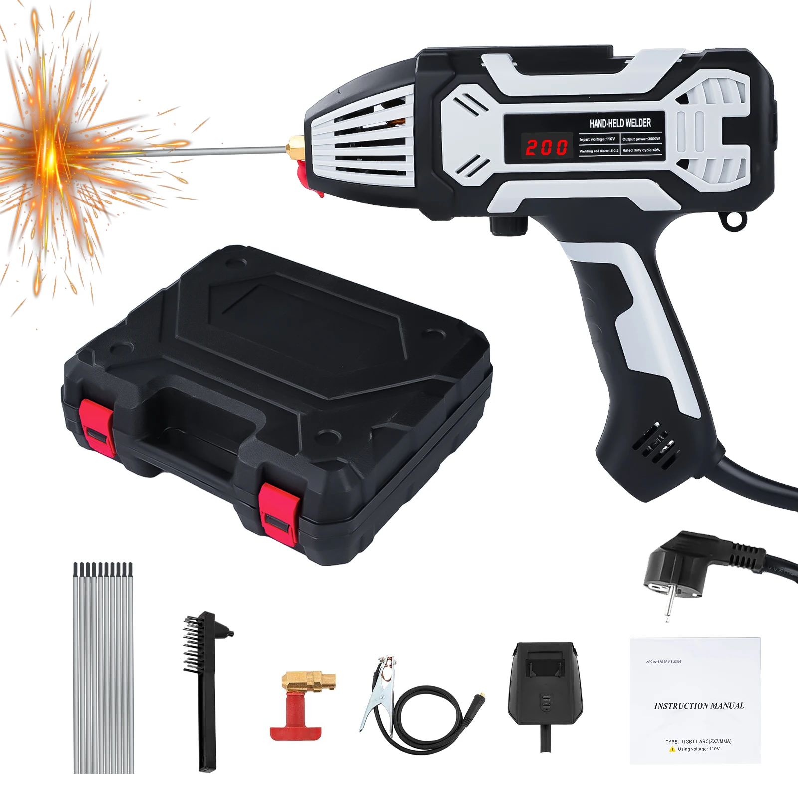 Soudeuse portative 200A, machine à souder à l'arc numérique IGBT avec 10 baguettes de soudage, garantie de sécurité, design compact et portable, UE