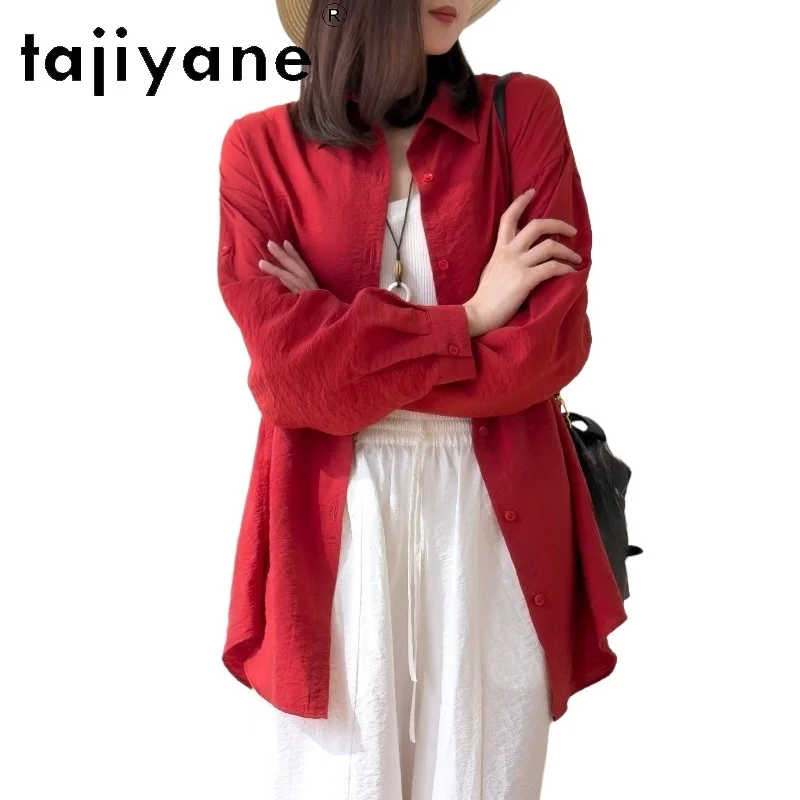 

TAJIYANE 76% Шелковые блузки из тутового шелка для женщин, красные повседневные свободные блузы, весенние женские топы из сухого шелка 2026, женская одежда