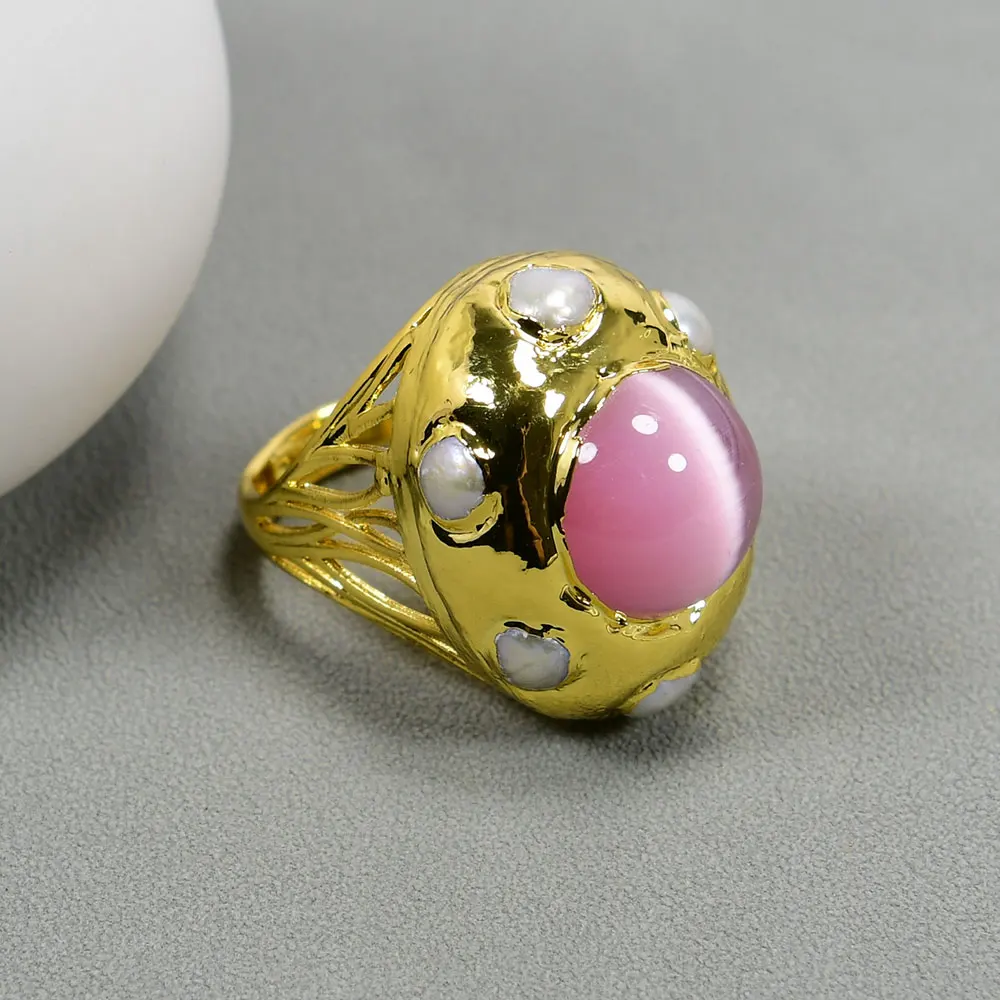 GG Cultured White Pearl Pink Cat Eye Gems Rings Gold Plated Adjustable Ring Fashion Women Jewelry Wedding Gifts