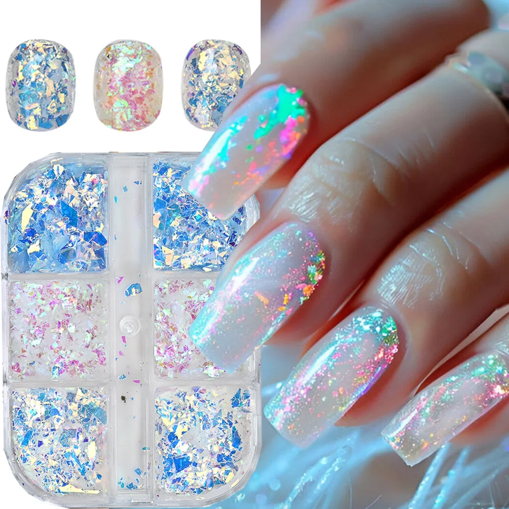 6/12Grid Pink Blue Holographic Irregular Glitter Flakes Transparent Ultra-Thin Opal Nail Paillettes For Y2K Manicure Nail Slices