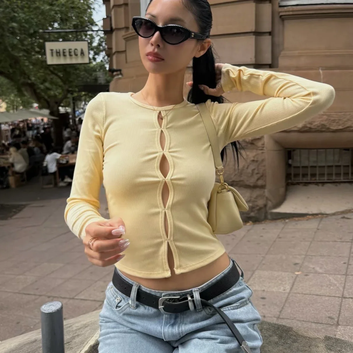 Autumn New Long Sleeved Shirt for Women Round Neck Hollow Out Slim Yoga Pilates Top Yellow Soft Comfortable Fashion Women's Top