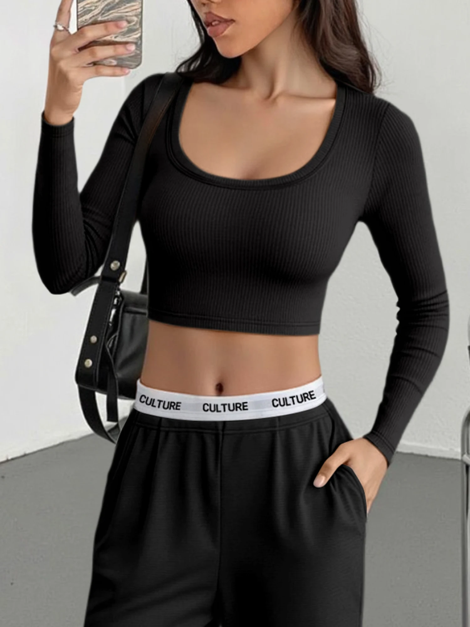 Gym-To-Street Knit Crop Top, Long Sleeve Square Neck Slim Tee for Post-Workout City Outfits