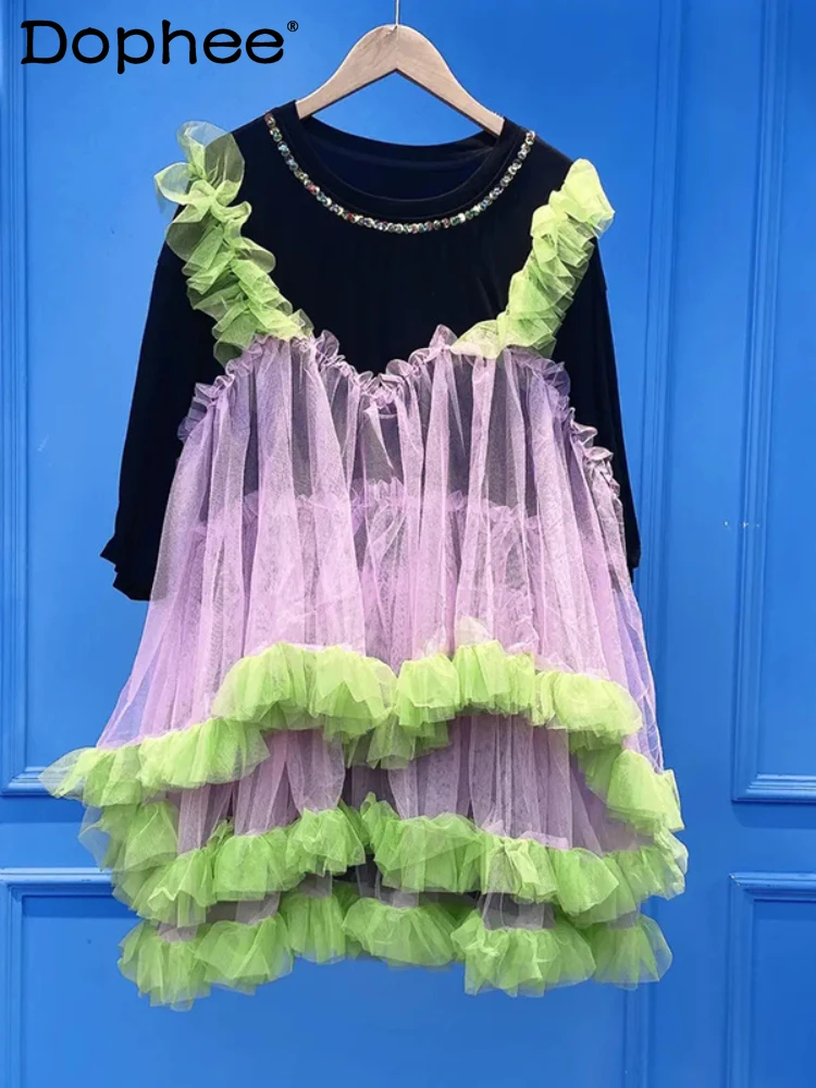 

Fashion Brand Colorblock Tulle Dress for Women 2024 Summer New T-shirt Dress Fake Two-Piece Pettiskirt Rhinestone Dresses Female