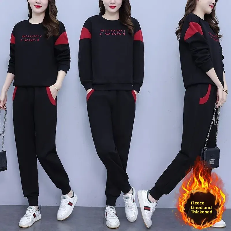 

Thickened Fleece Hoodie Set Women's Winter Casual Sporty Two-Piece Suit Large Size Comfortable Breathable round Neck Design