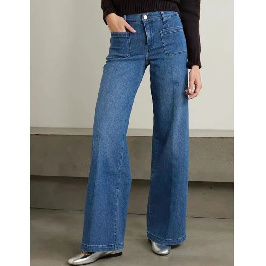 

Maxdutti Minimalist French Vintage Mid High Waist Design With Front Patch Pockets Wide Legs Micro Flared Denim Pants For Women