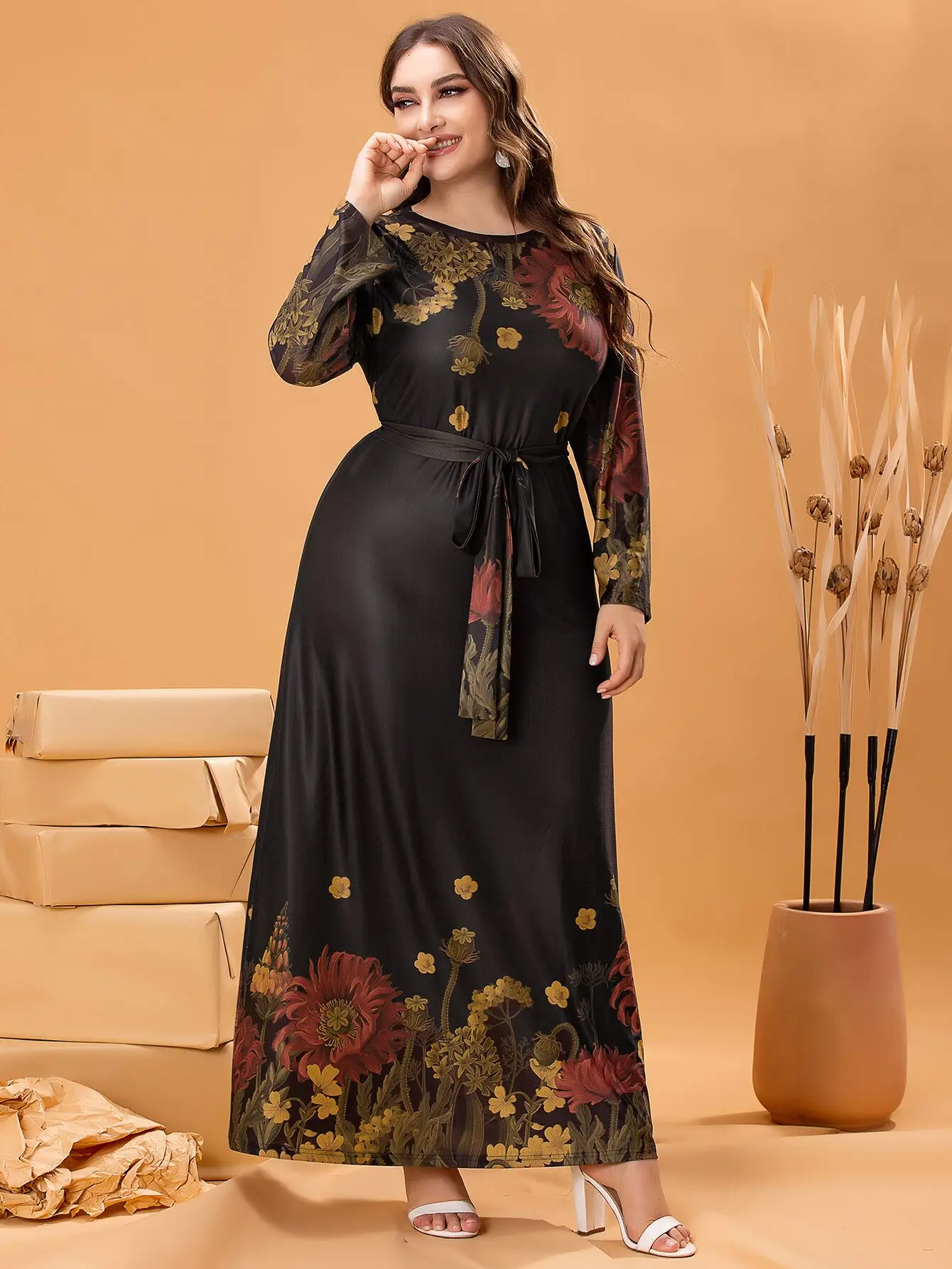 Autumn Winter Dress Long Sleeve 2024 Woman Floral Print Casual Long Dress Black Plus Size Women Clothing