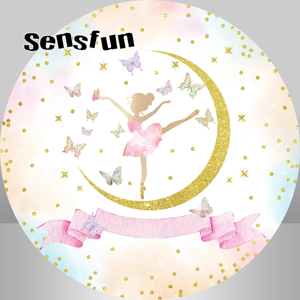 Girls Dance Ballerina Round Backdrop Cover Gold Glitter Moon Little Stars Dots Baby Shower Birthday Party Circle Background