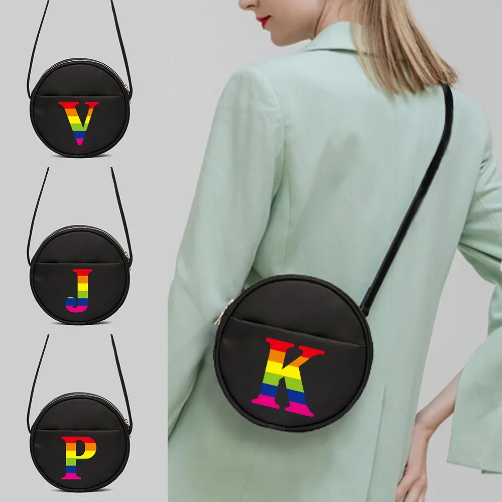 Tote Bag Handbags Women Commuter Bag Black Round Bag Rainbow Pattern Series Messenger Bag Canvas Shoulder Ladies Party Bag