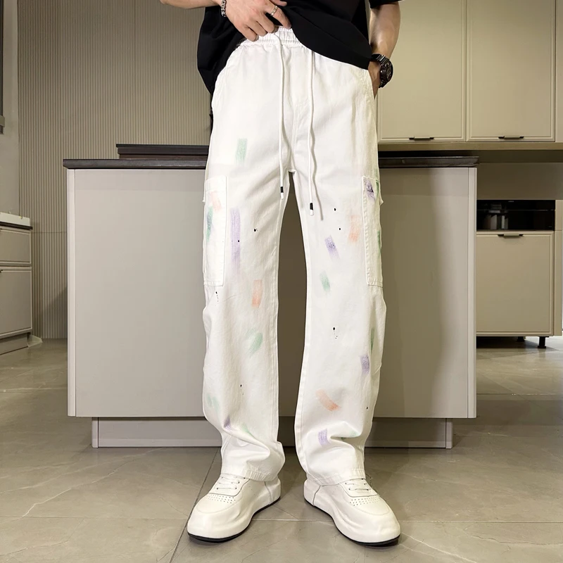 

Summer Trend Cargo Pants Men's Loose Straight Trousers Splatter Versatile White Joggers Casual Pants Oversize Men Clothing