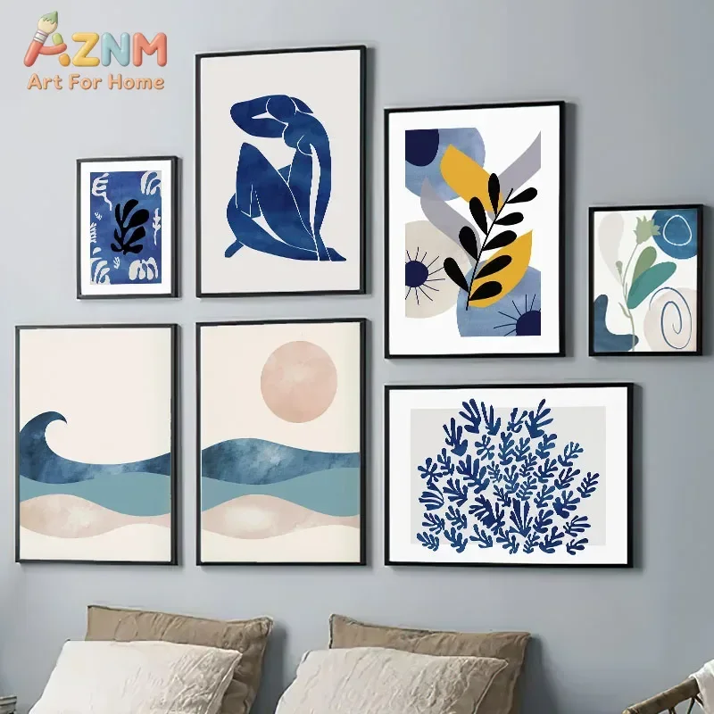 AZNM Frameless Canvas Wall Art, Matisse Blue Abstract Figure Plant Wave Sun Print Poster, Mid Century Modern Boho Painting for L