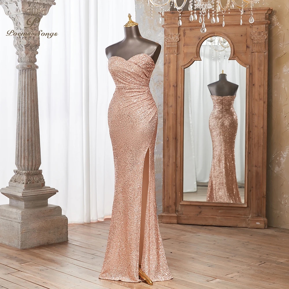 Elegant Rose Gold Mermaid Evening Dress with Sweetheart Neckline High Slit Formal Events Special Occasions Shine Bright