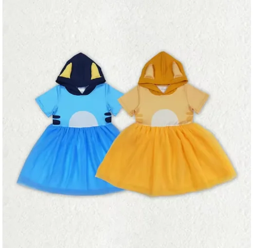 

Summer Baby Girls Blue And Yellow Tulle Hooded Short-sleeved Dress Set Clothes RTS