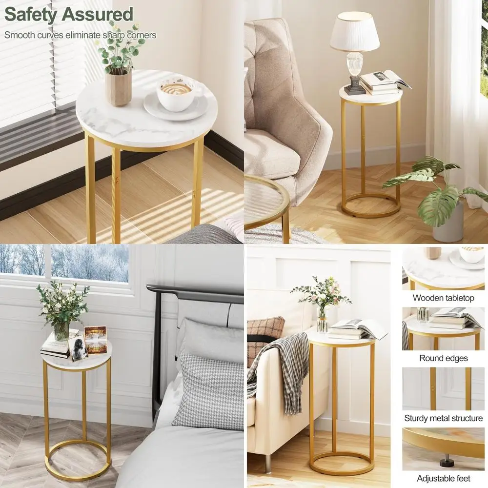 

Gold Metal C-Shaped Side Table for Living Room and Bedroom, Small Spaces, Easy Assembly