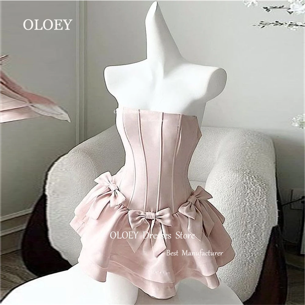 OLOEY Sexy Strapless Mini Prom Cocktail Dresses With Gloves Pleated Satin Evening Dresses Customized Wedding Dresses Party Dress