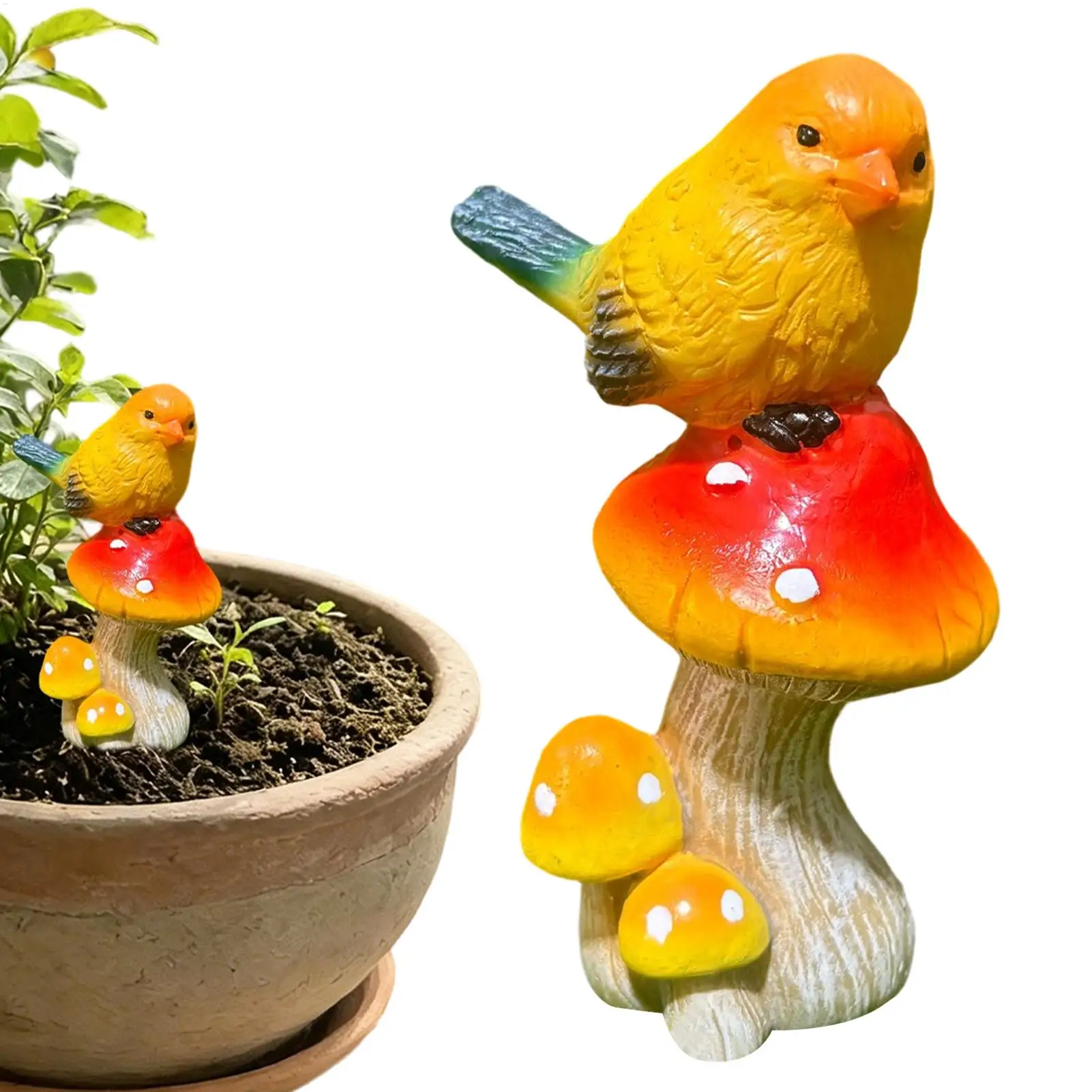 Resin mushroom and bird figurines, colorful lifelike animal sculptures, outdoor garden and courtyard miniature landscape decor