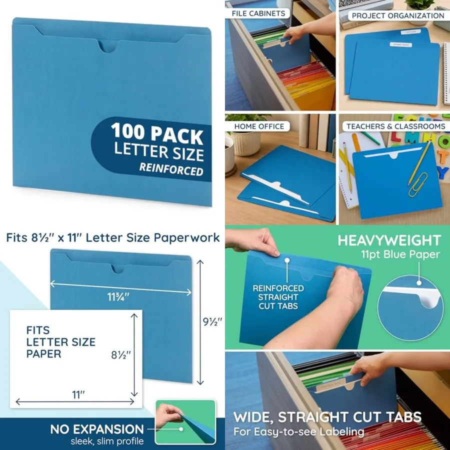 100 File Jackets, Reinforced Straight Cut Tab, Designed for Use in Standard Hanging Files, Letter Size, 100 Pack