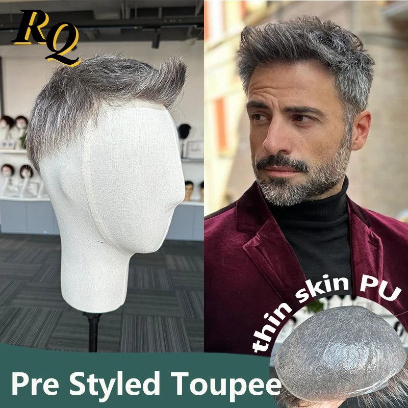 Pre Styled Men Toupee Peruk 0.04mm Thin Skin Capillary Protesis Human Hair Male Wig 1B40 Men's Hair Replacement Systems Hombre