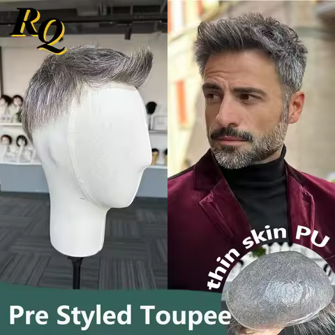 Pre Styled Men Toupee Peruk 0.04mm Thin Skin Capillary Prothesis Human Hair Male Wig 1B40 Men's Hair Replacement Systems Hombre