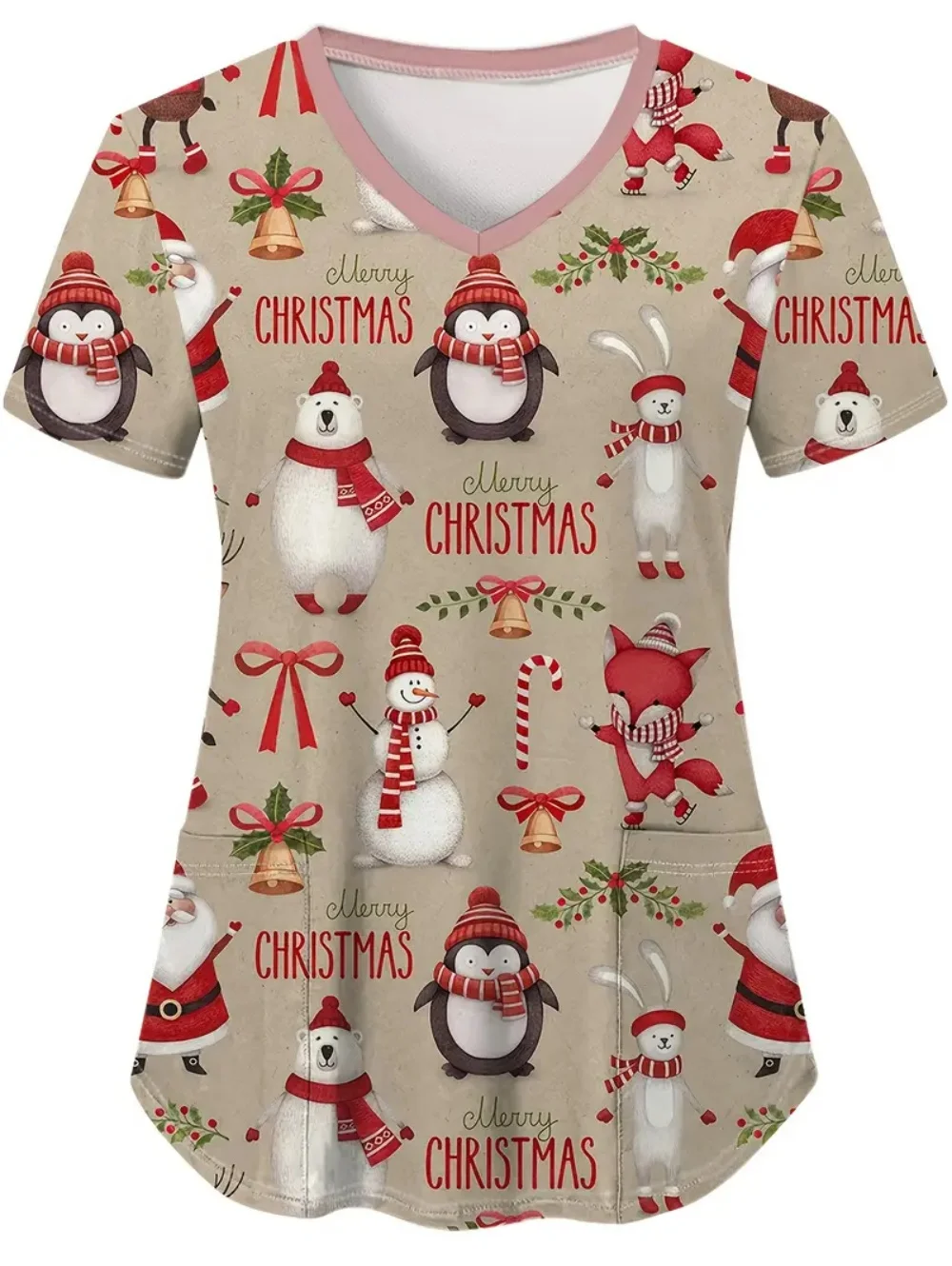 Krankenpflegeuniformen Frau Weihnachten Schneemann Cartoon Print Gesundheitswesen Krankenschwester Schnelltrocknend V-Ausschnitt Kurzarm mit Taschen Scrubs Frau