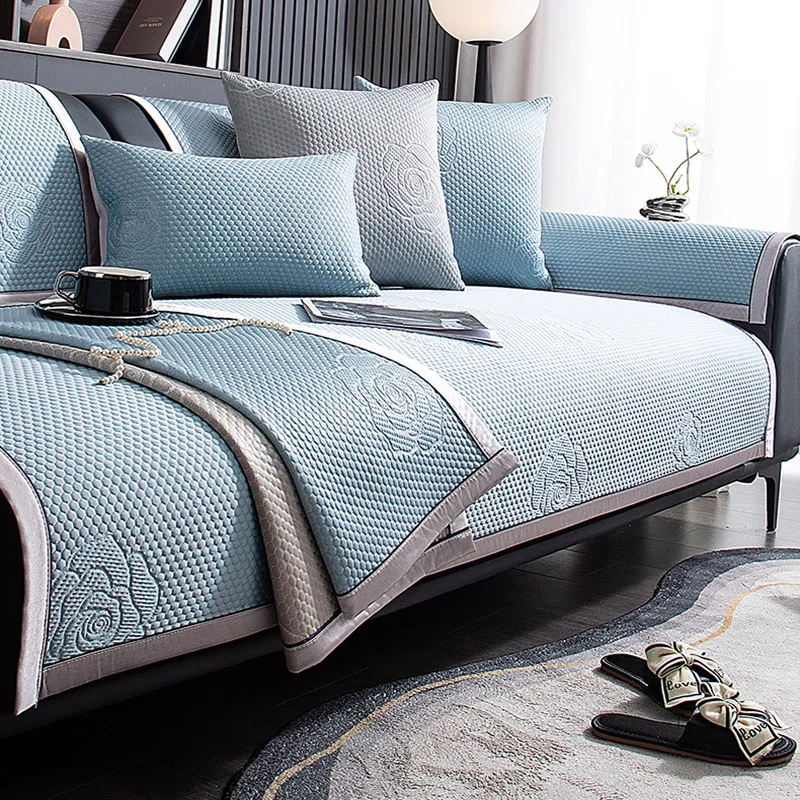 Simple Solid Color Rose Printed Sofa Cushion Summer Cooling Skin-Friendly Couch Slipcover Soft Anti-Slip Protection Dust Cover