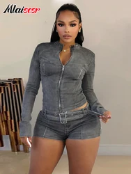 Mlaiscsr Stretch Denim Suits Women Shorts Set Long Sleeved Crop Jacket and Short Jeans with Belt Two Pieces Streetwear Outfits