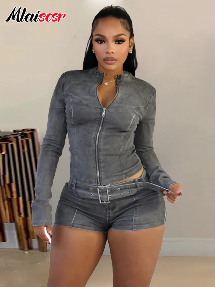 Mlaiscsr Stretch Denim Suits Women Shorts Set Long Sleeved Crop Jacket and Short Jeans with Belt Two Pieces Streetwear Outfits