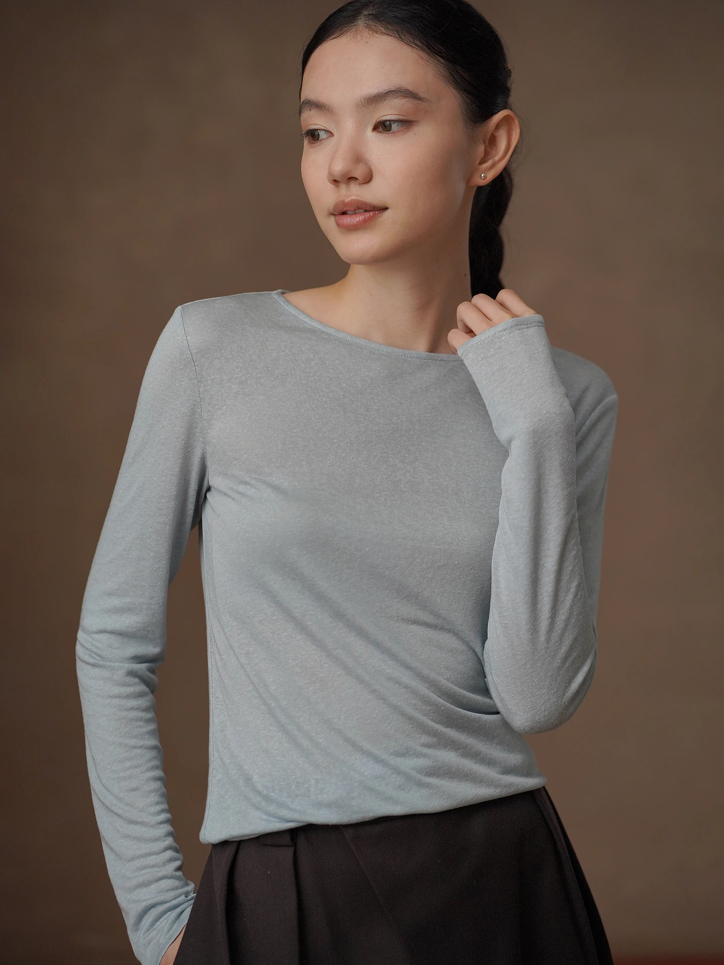 Hacikis Miss Haizi Raseel Linen Mix Long Sleeve round Neck Top Lightweight Soft Fit White Enhancing Casual Style All Seasons