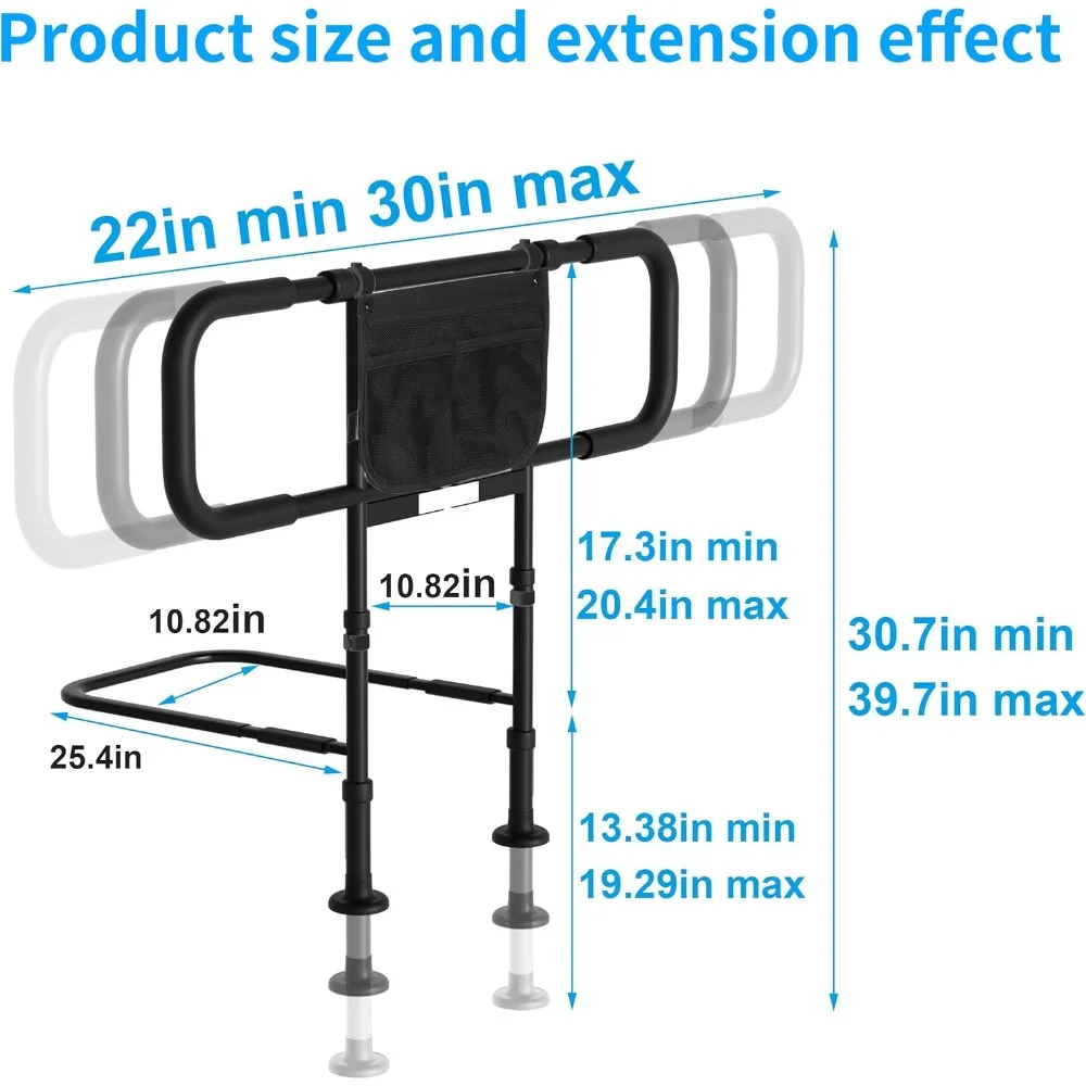Adjustable Bed Safety Rails with Motion Sensor Light & Storage Bag - Supports 400lbs, Fits Queen King Twin Full Beds