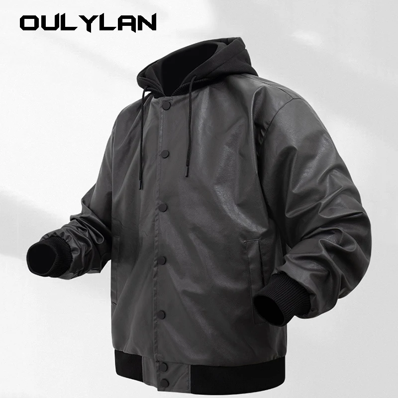 

Oulylan 2024 New Style American Casual Pu Leather Motorcycle Jacket Men's Flying Jacket Trendy Black