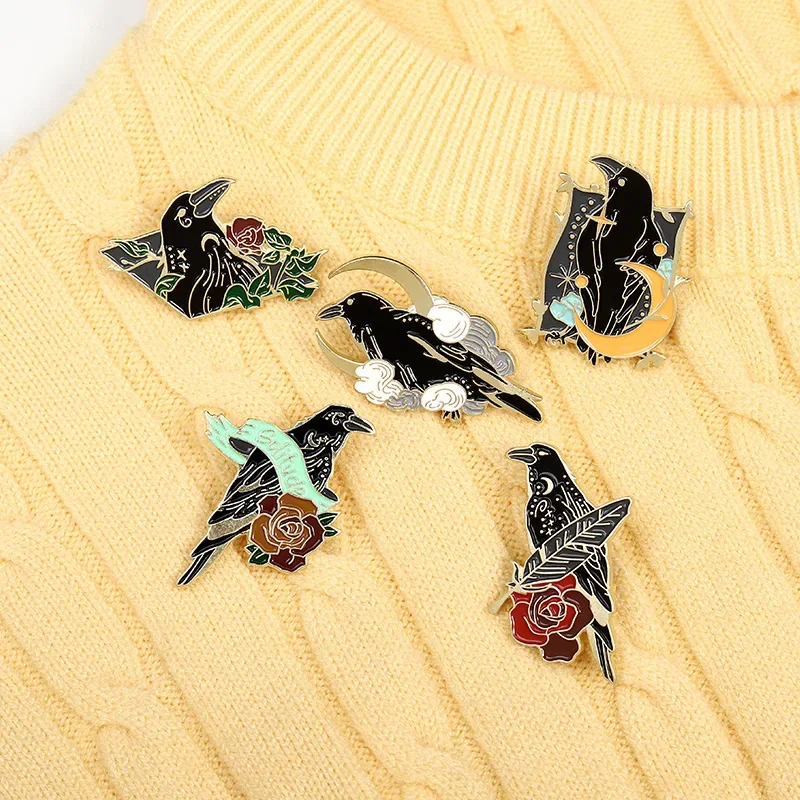 Star Moon Black Crow Enamel Pins Rose Letter Brooches Cartoon Bird Badge Denim Lapel Pin Jewelry Gift for Kid Women Bag Backpack