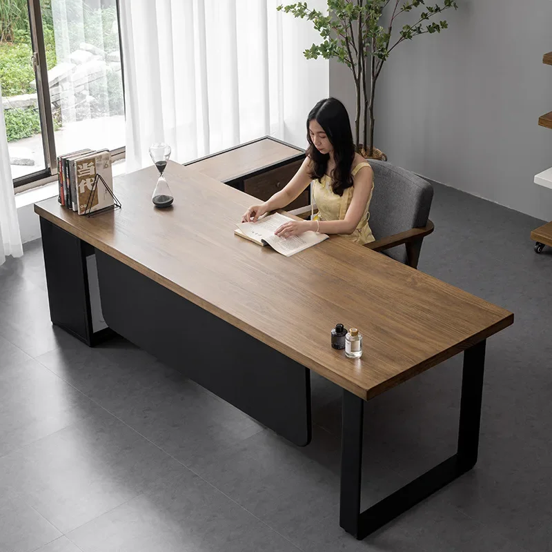 General Manager Office Furniture Leader Log Large Board Desk with Side Cabinet High-end Solid Wood Large Class Desk Boss Desk