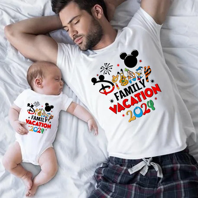 Disney Family Matching Outfits 2024 Vacation Trip T-shirts Cartoon Cute Family Look T shirt Dad Mom Bro Sis Clothes Baby Romper