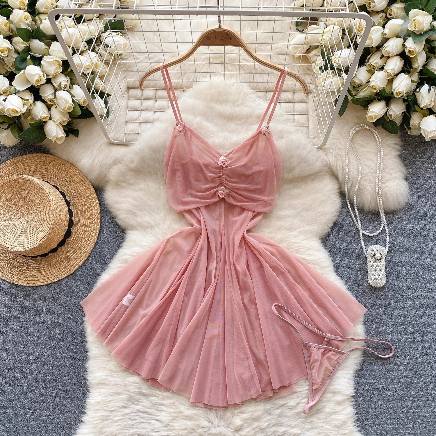 

Sexy See-through Gauze Camisole Mini Dress Folds Flower Ball Gown Nightwear For Women New In Clothes Pink Sweet Pajamas Casual