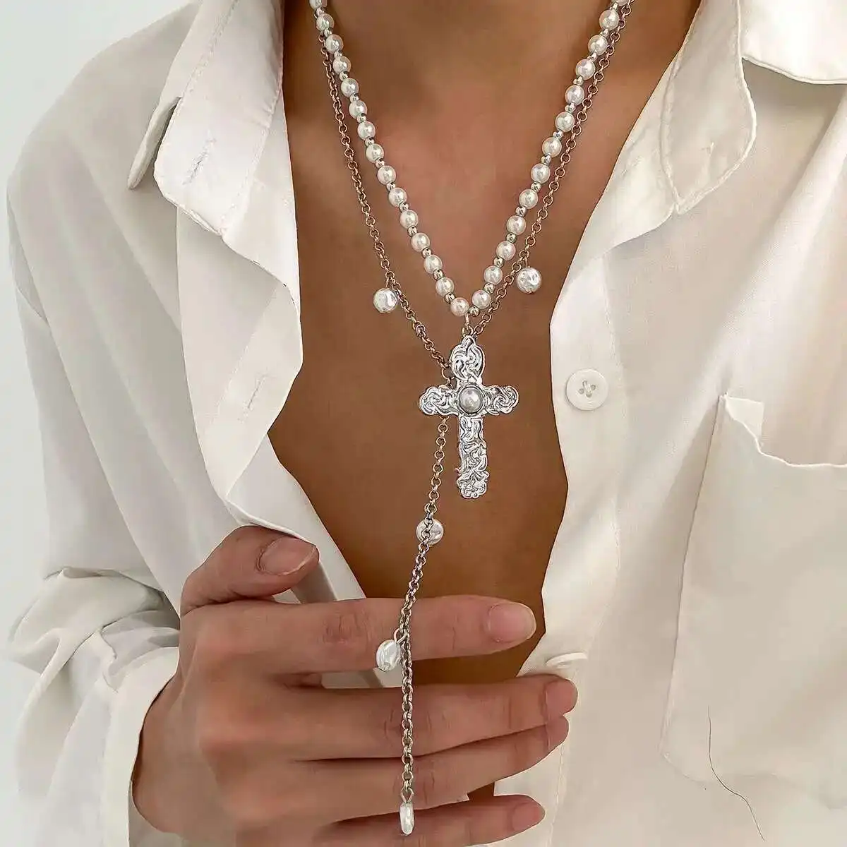 

Lacteo Trendy 2Pcs/Set Semi Baroque Imitation Pearl Choker Necklace Jesus Cross Pendant Luxury Adjustable Jewelry Gift New Gift