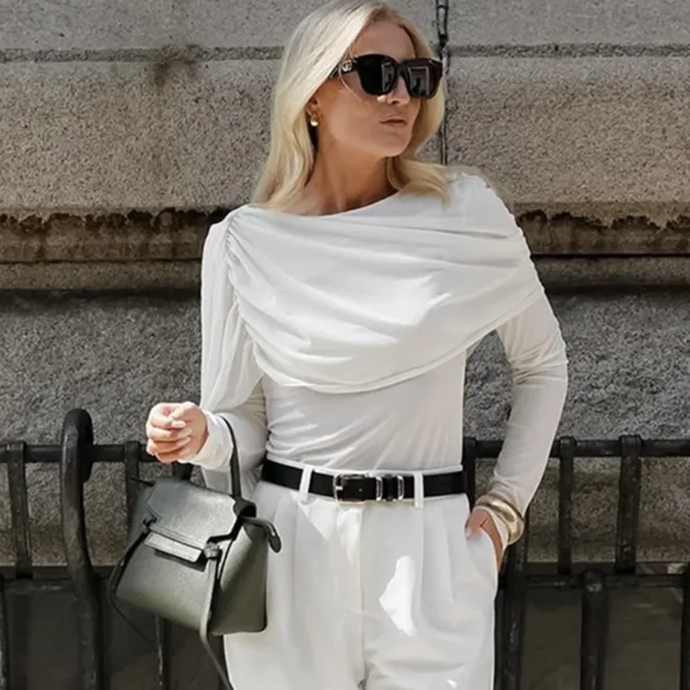 

Talenza White Elegant Pullover Spring Women Fashion Asymmetrical Patchwork Long-Sleeved T-Shirt New Casual Streetwear Female Top