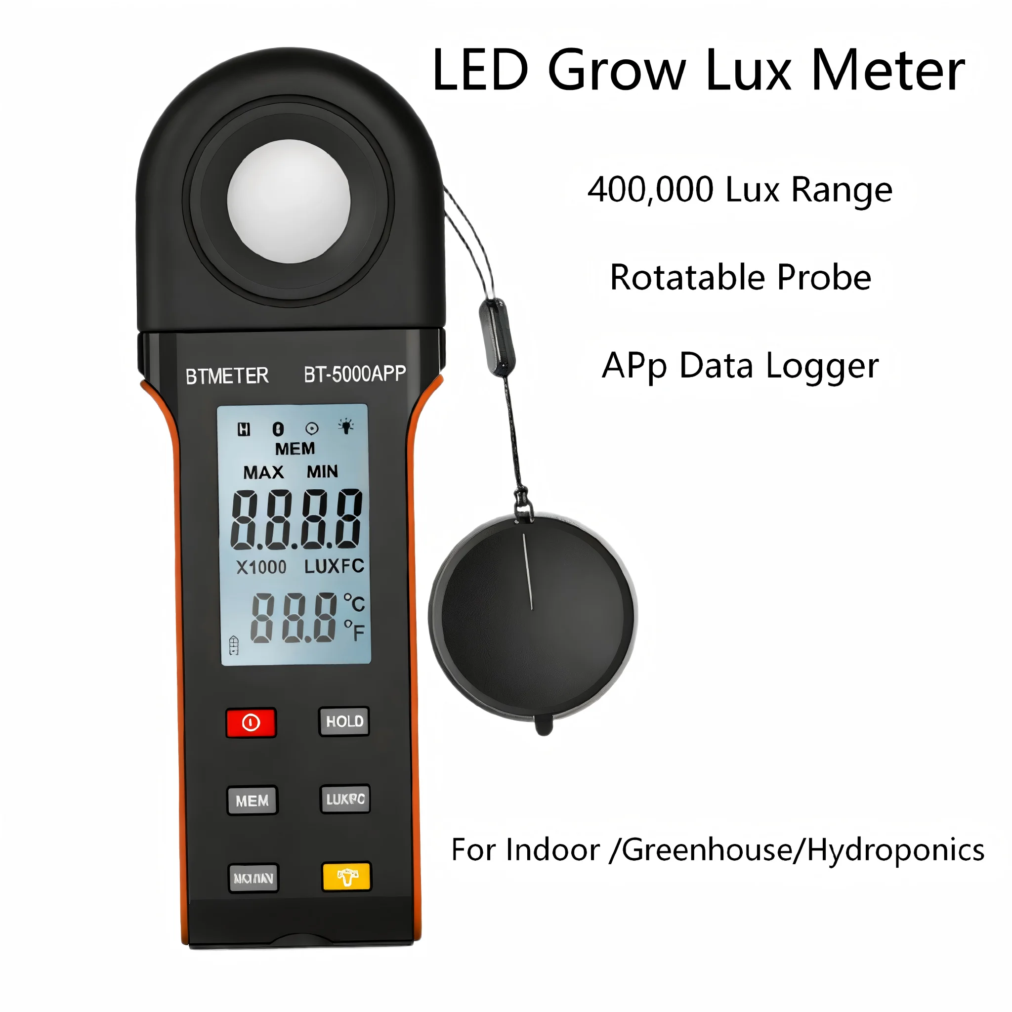 400,000 Lux LED Grow Light Meter with Rotatable Probe, Bluetooth APP Data Logger & Temp for Indoor Plants Greenhouse Hydroponics