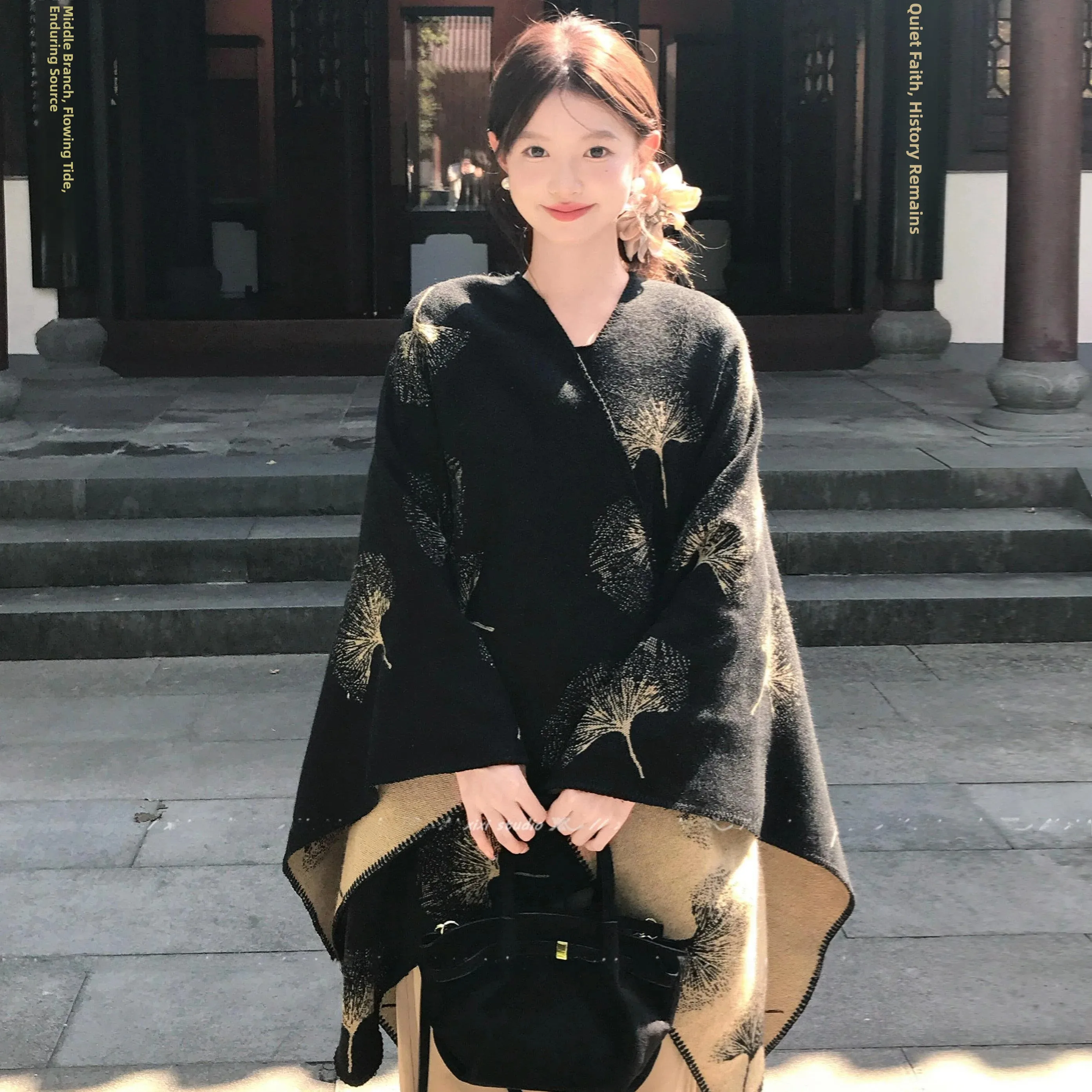 Autumn Winter Women's New Style Warmth Silver Maple Leaf Design Cashmere Scarf Shawl Chinese Style Outerwear Blanket Wrap