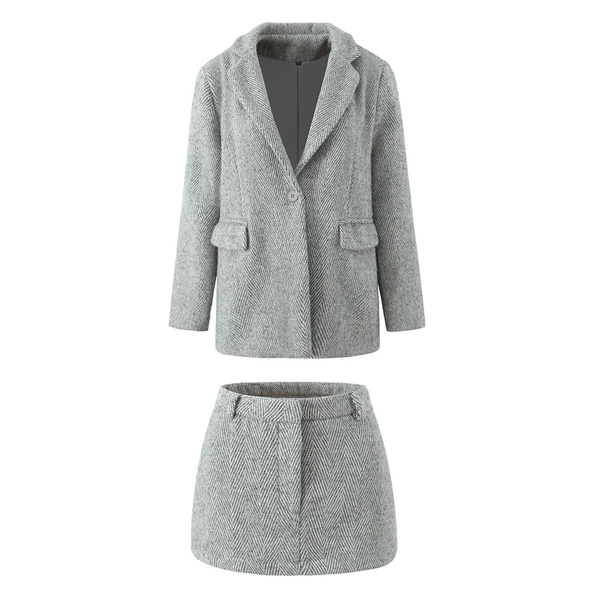 2 Pieces 1 Set 2024 CHILL Notched Tweed Weave Oversized Blazer High Waist Package Hips A-line Mini Skirt Suits Matching Gray