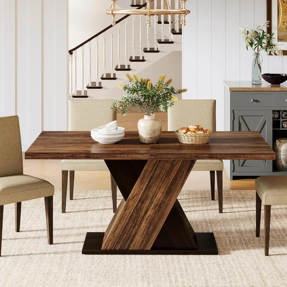 

55-Inch Farmhouse Dining Table for 4, Rectangle Dining Room Table, Rustic Brown Wooden Kitchen Dinner Table for Dining Room, Ki